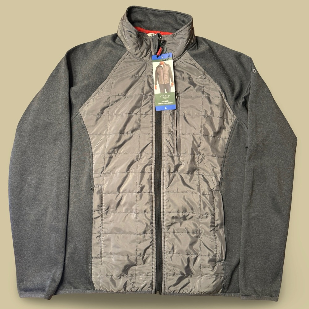 Orvis Mixed Media Jacket Mens Medium Gray Quilted Full Zip Logo Hybrid